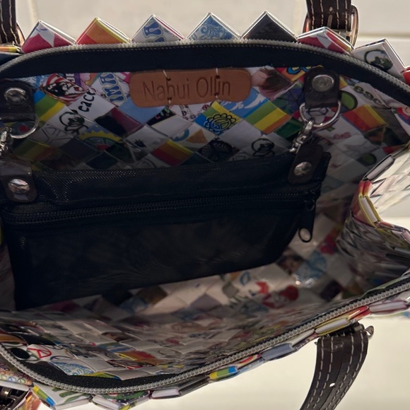 Nahui Ollin Colorful candy wrapper Woven Tote with Brown Handles - Picture 6 of 13